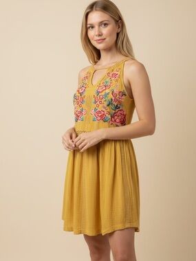 Andree by Unit Mustard Sleeveless Mini Dress with Floral Embroidery